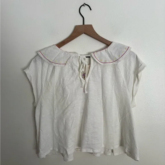 Anthropologie White Embellished Collard Cottage Embroidered Short Sleeve Medium - Picture 4 of 4
